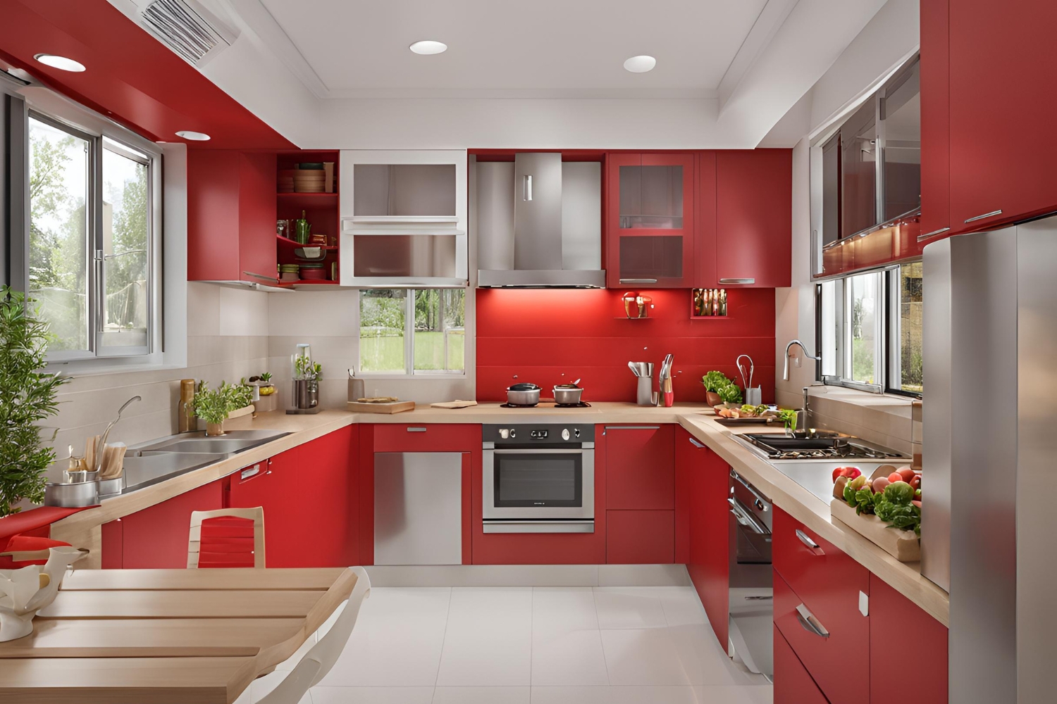 Red & white laminates small U shaped kitchen design