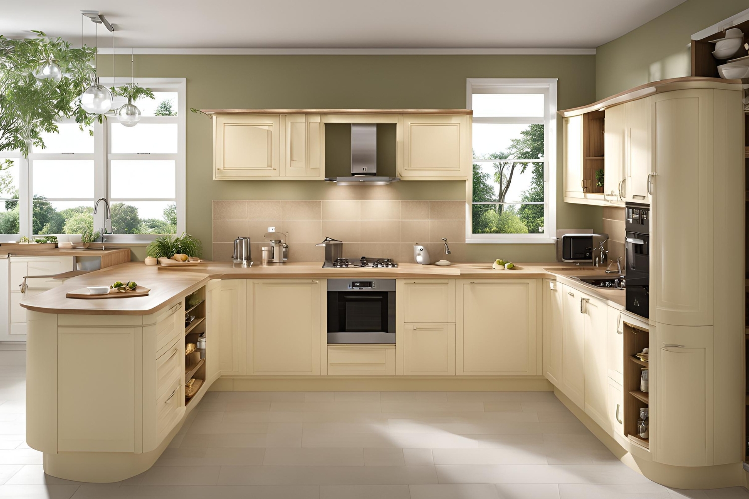Wood & cream color laminates U shaped kitchen design