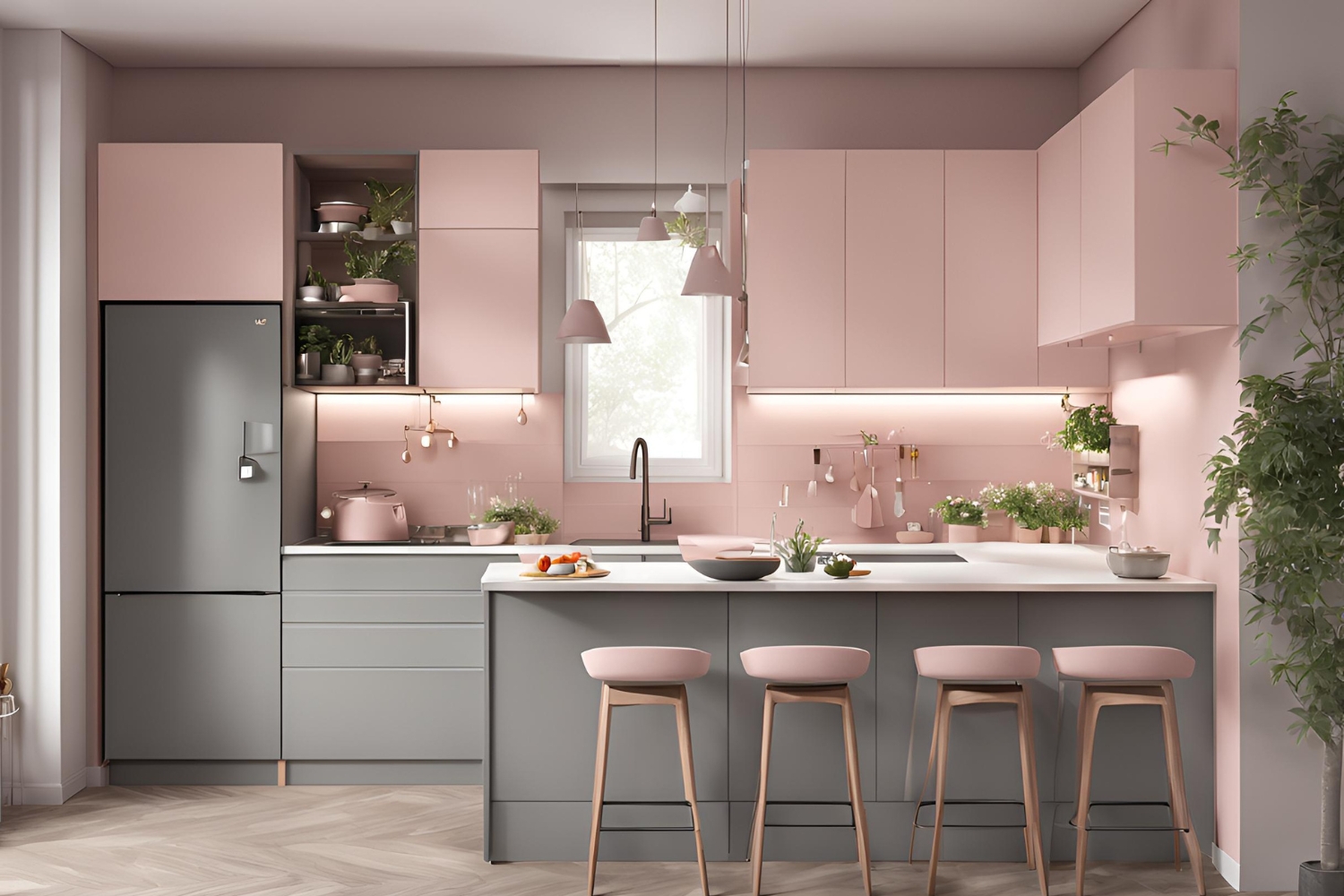 pink and grey matt laminate small modular kitchen design