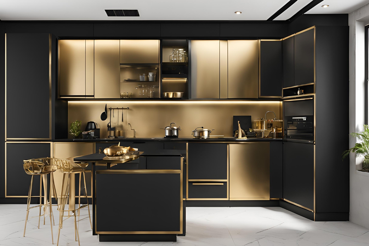 black and gold laminate small modular kitchen design