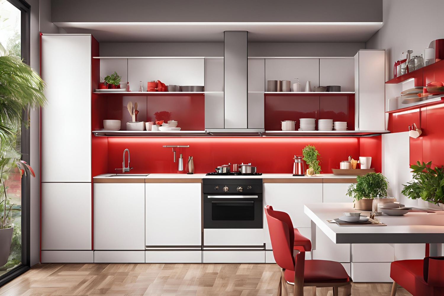 red and white matt laminate small modular kitchen design