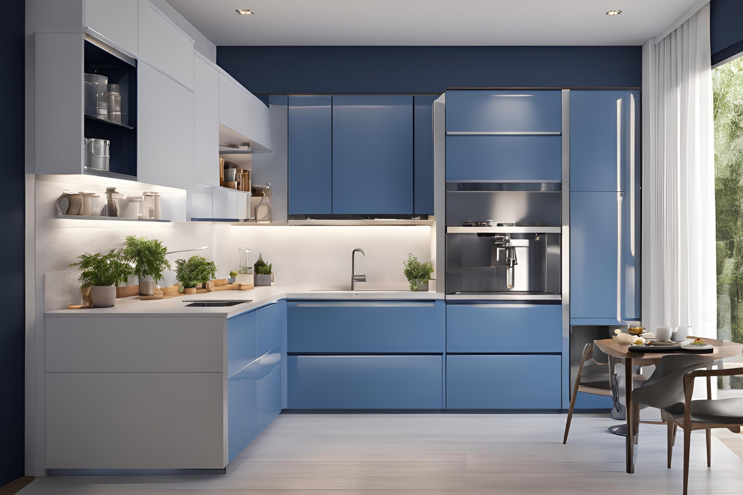 blue and white laminate modular kitchen design