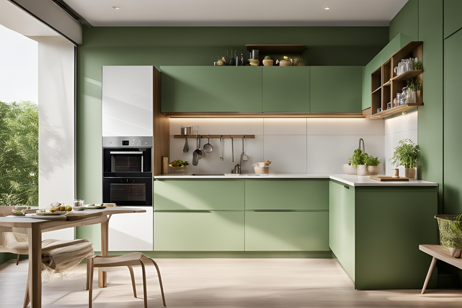 green matt laminate small modular kitchen design