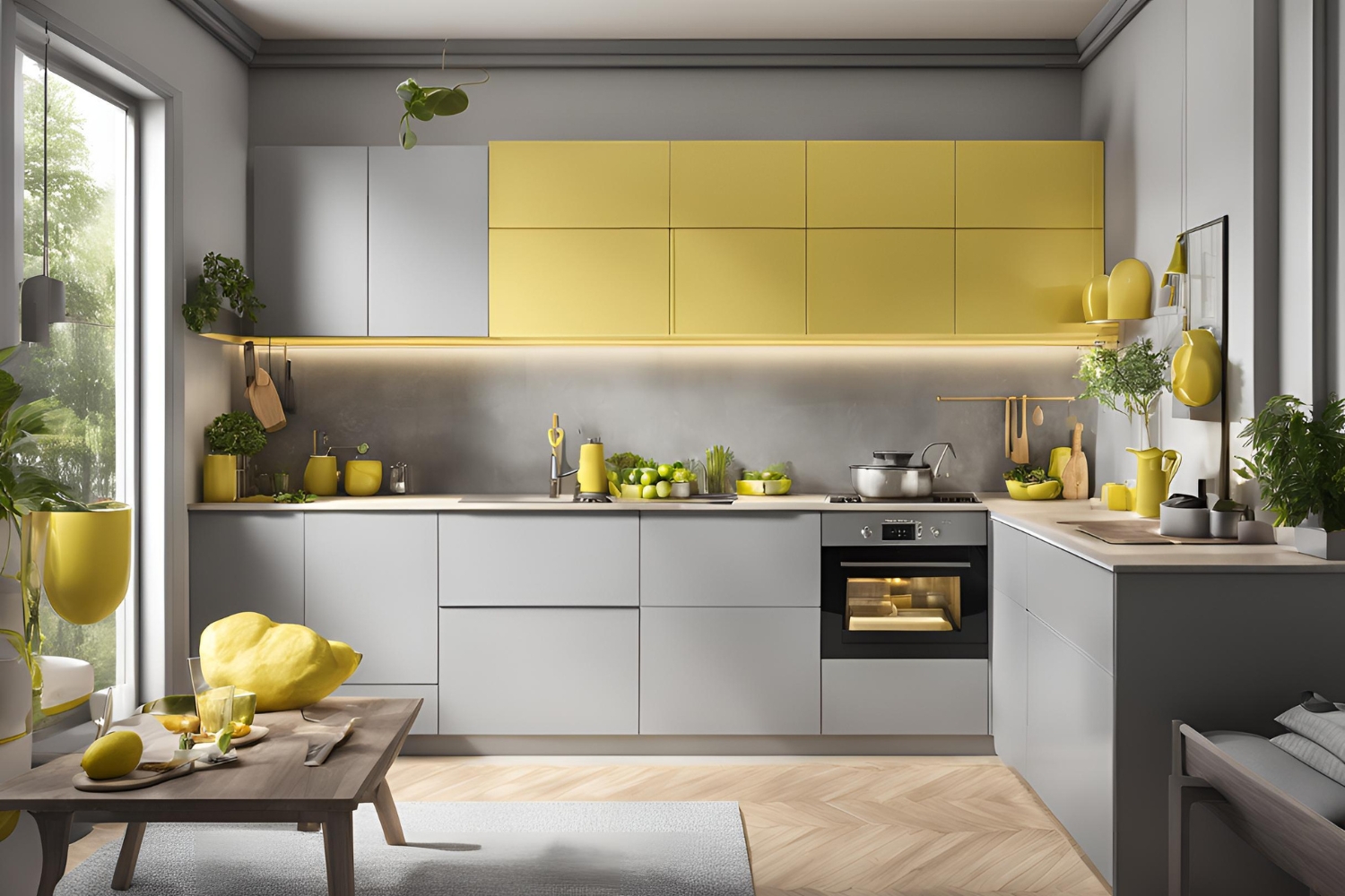matt yellow and grey laminate small modular kitchen design