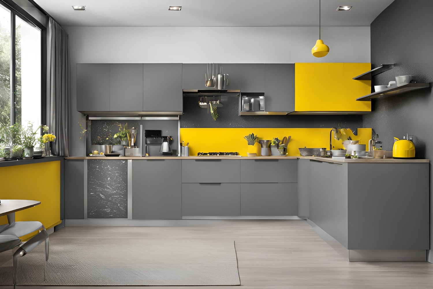grey and yellow laminate small modular kitchen design