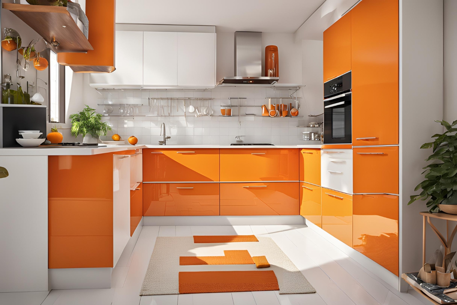 orange and white laminate small modular kitchen design