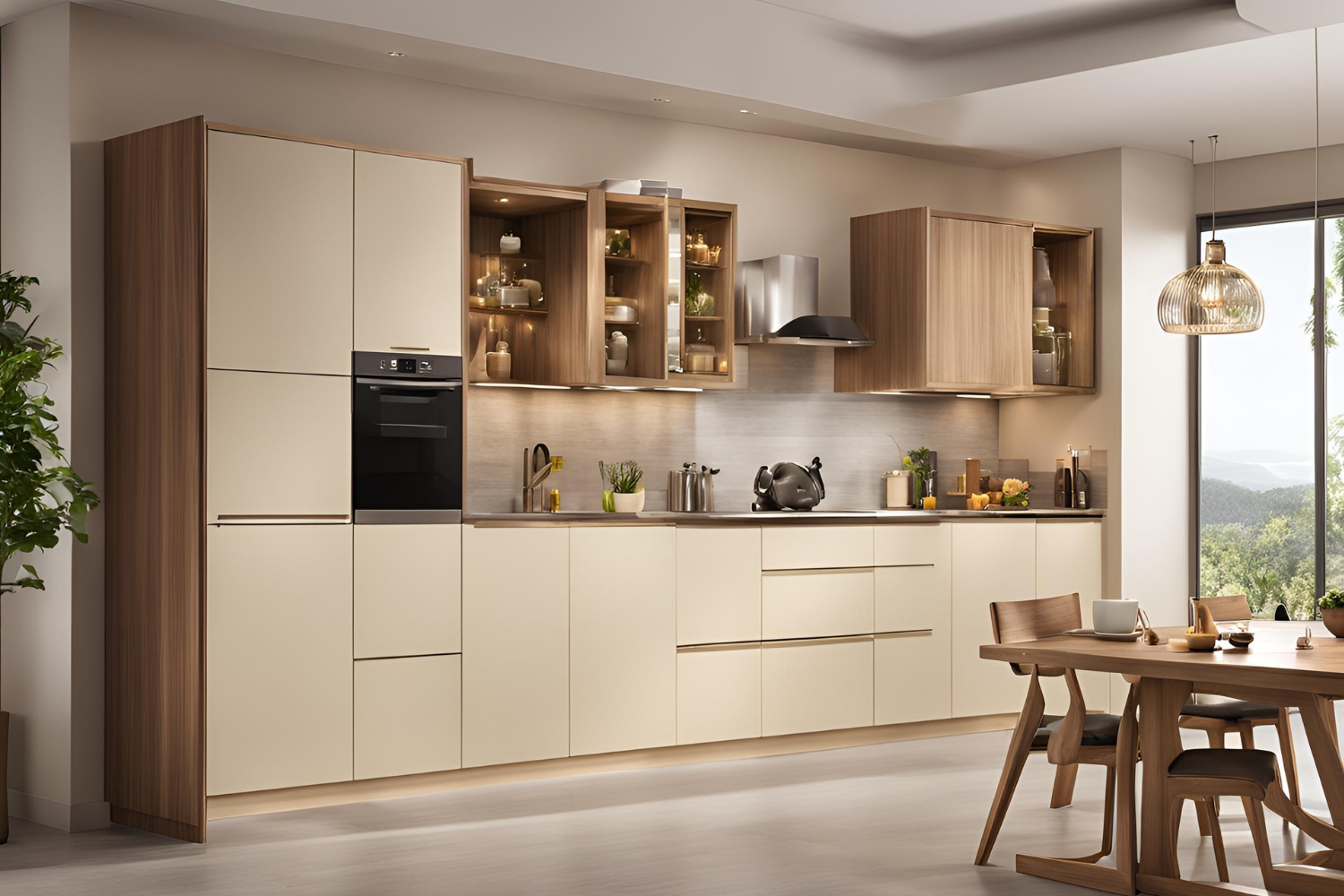 wooden and cream laminate small modular kitchen design