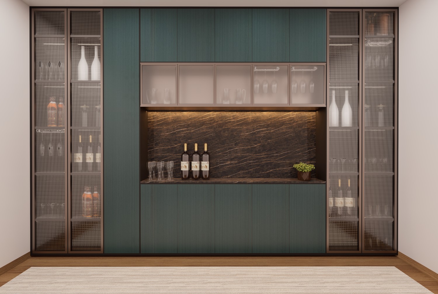 Grey laminates for compact home bar design