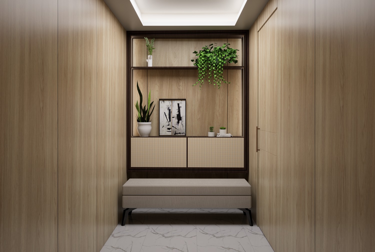 wood laminates for warm toned modern foyer design