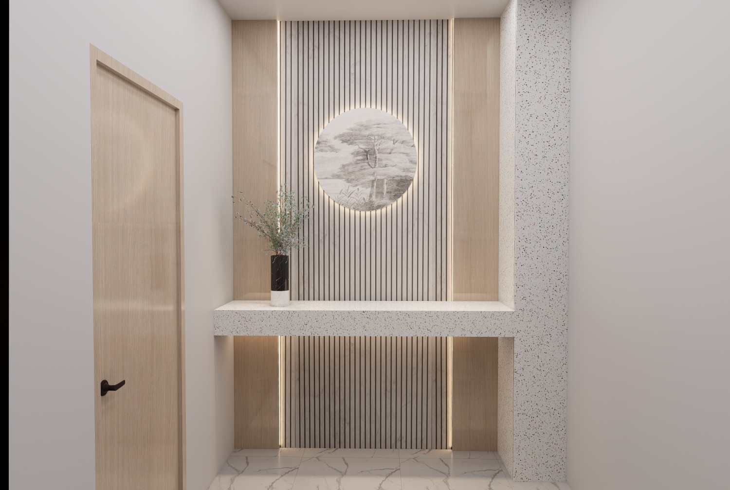 Fluted laminates for stylish colonial foyer design