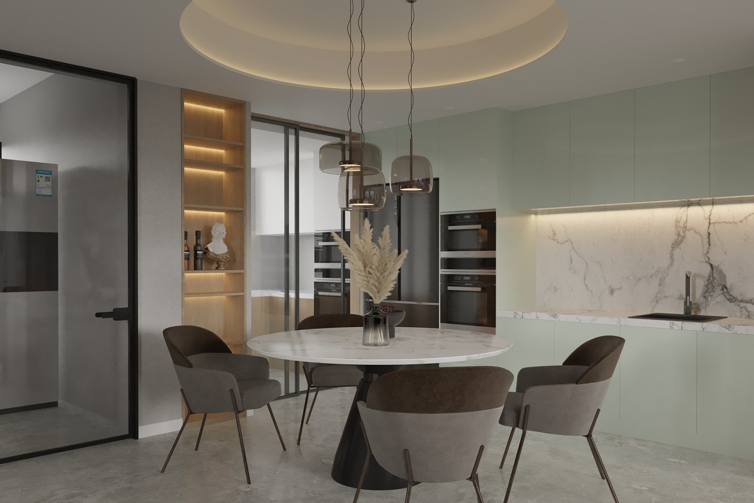 Marble laminates small open kitchen design