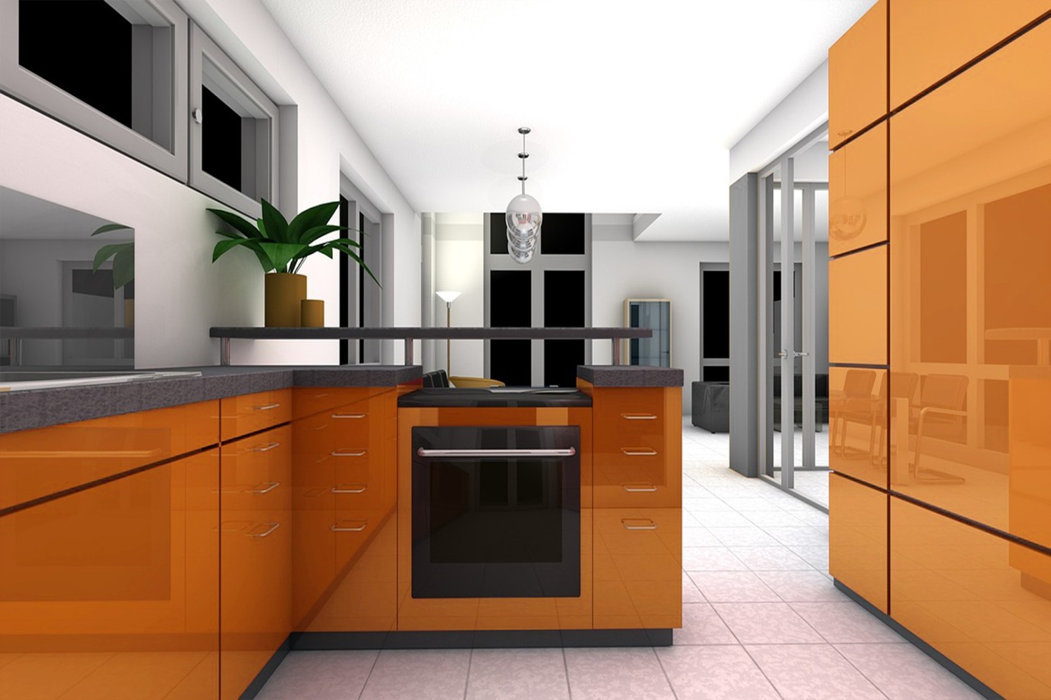 Orange Color laminates small kitchen cupboard design