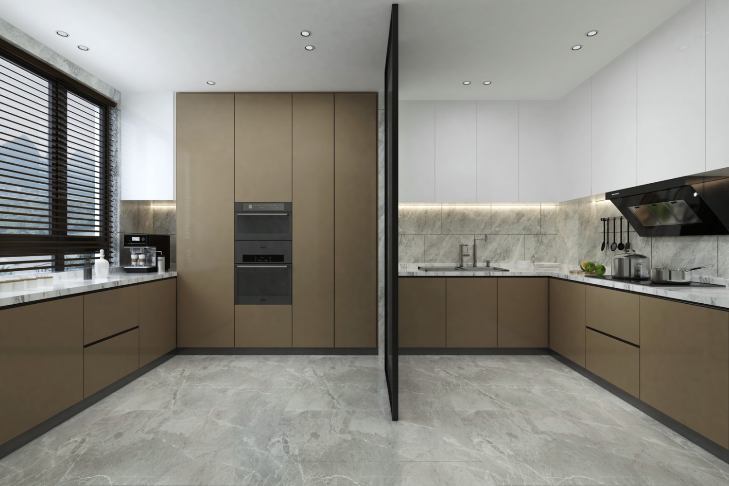 Dark wood & marble laminates kitchen cupboard design