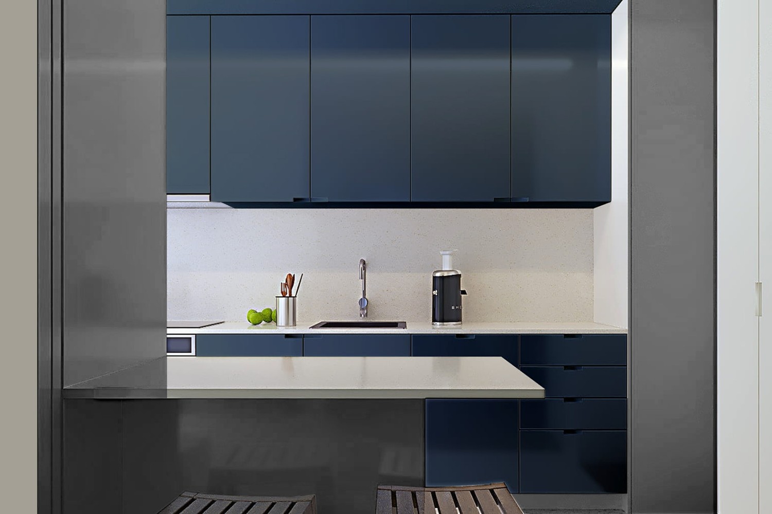 Blue & White color laminates minimalist kitchen cupboard design