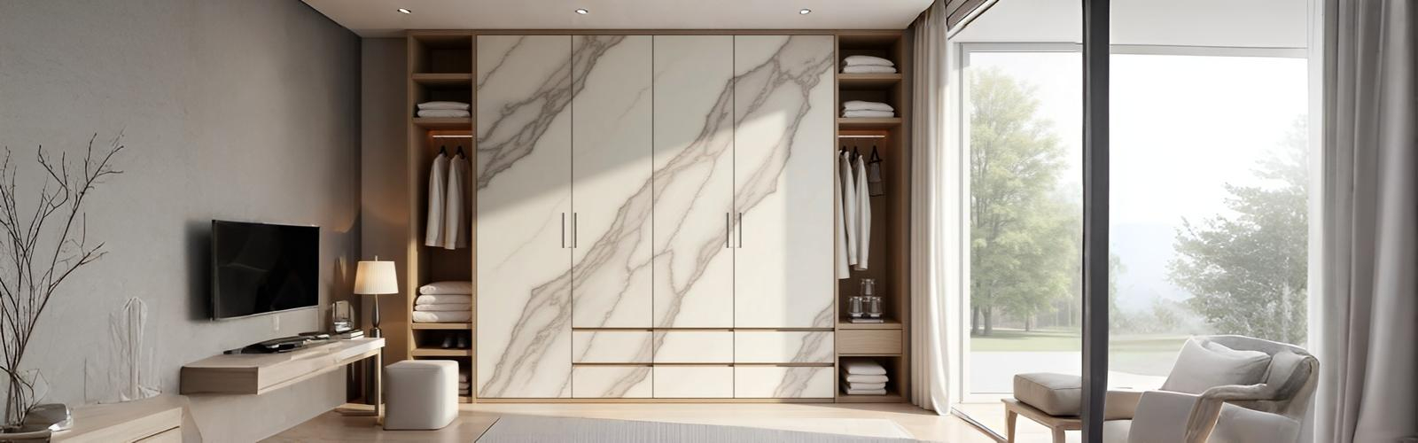 glossy white textured laminate wardrobe design