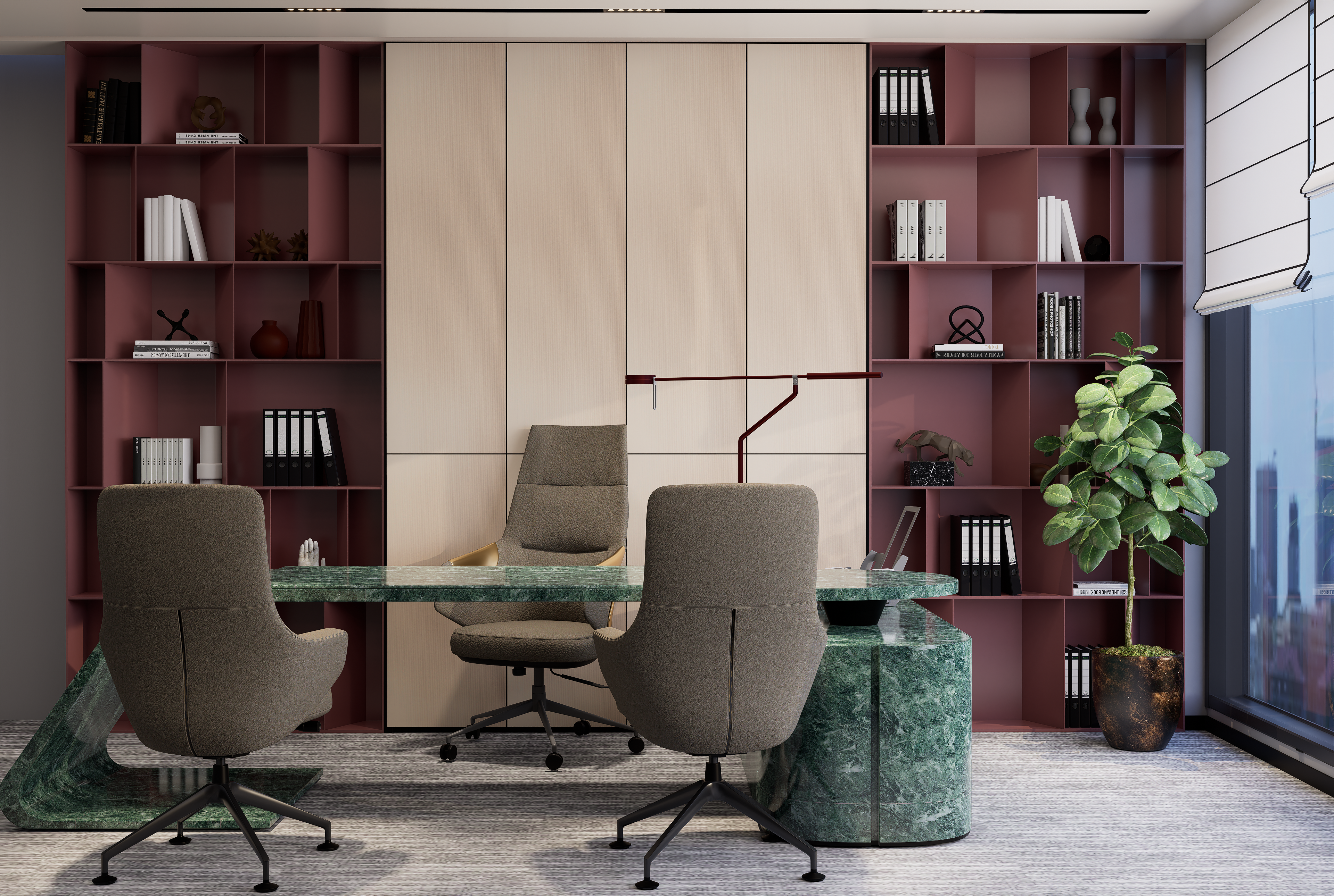 small office spaces in red and light wood tones