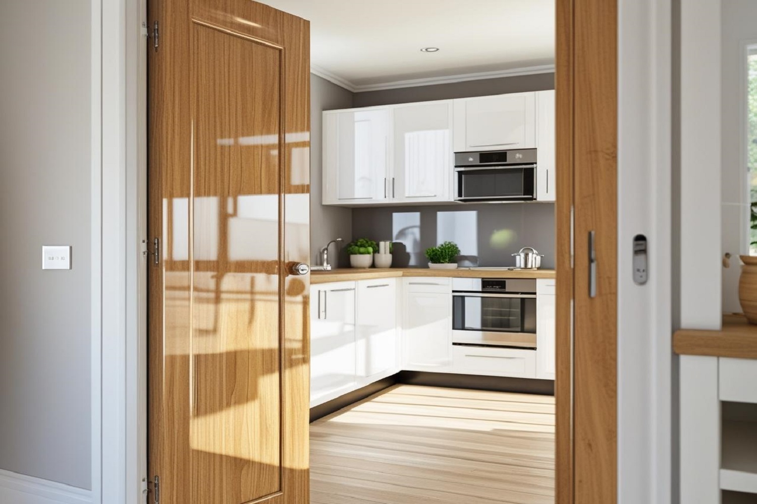 Glossy Brown Modular Kitchen Door Designs with Gold Handle Accents