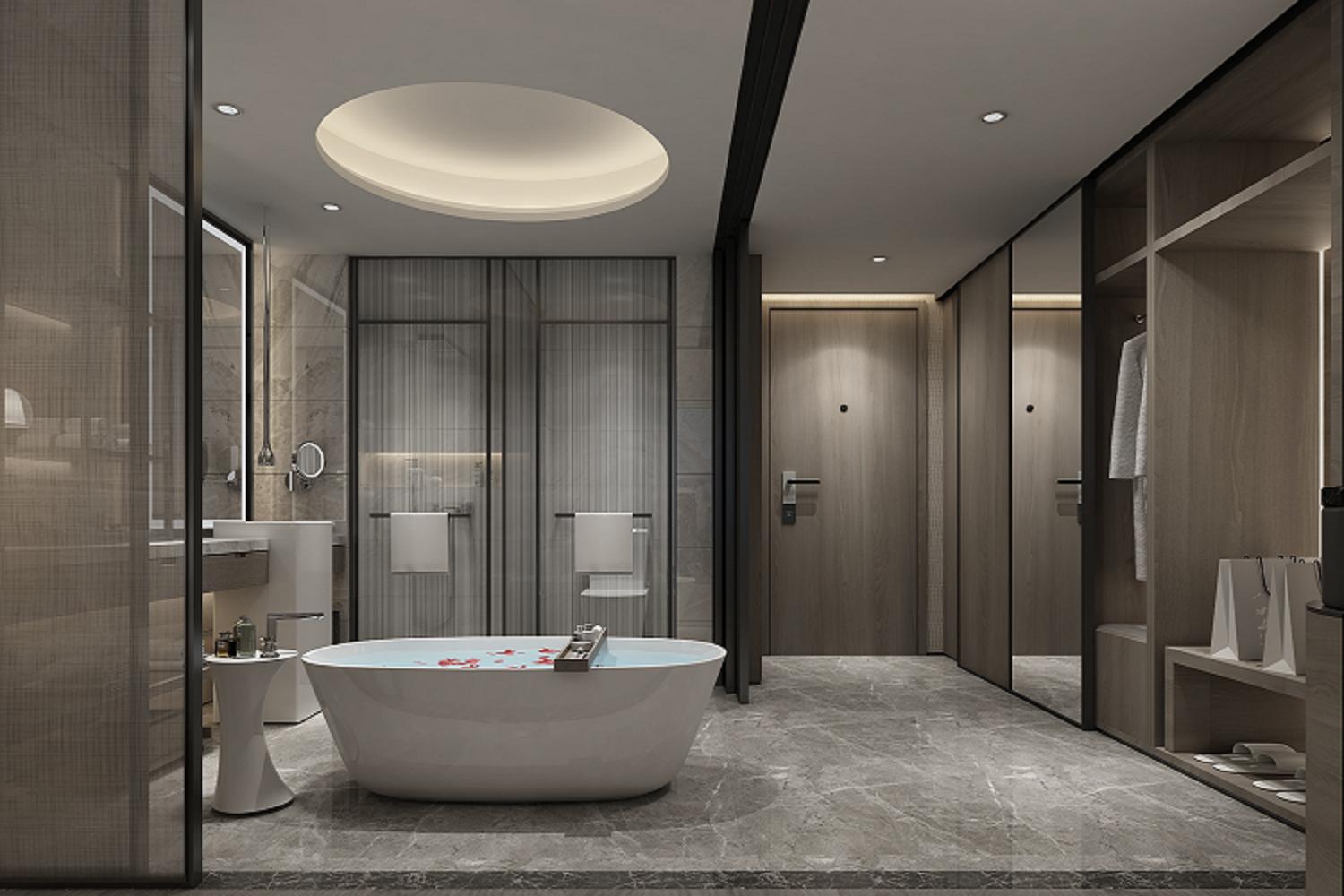 Compact Bathroom Door Designs for Small Spaces in Light Beige Tones