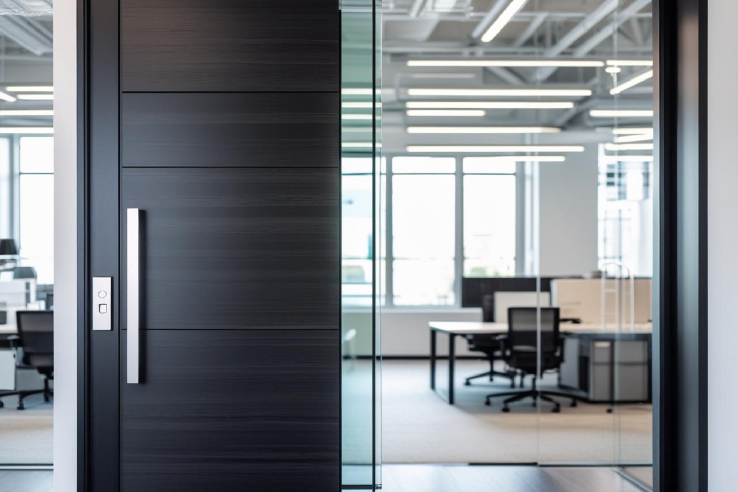 Sleek Office Door Designs in Matte Black and Frosted Glass Panels