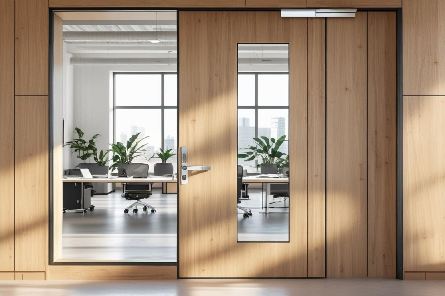 Professional Office Entrance Door Designs in Teak Wood and Bronze Accents