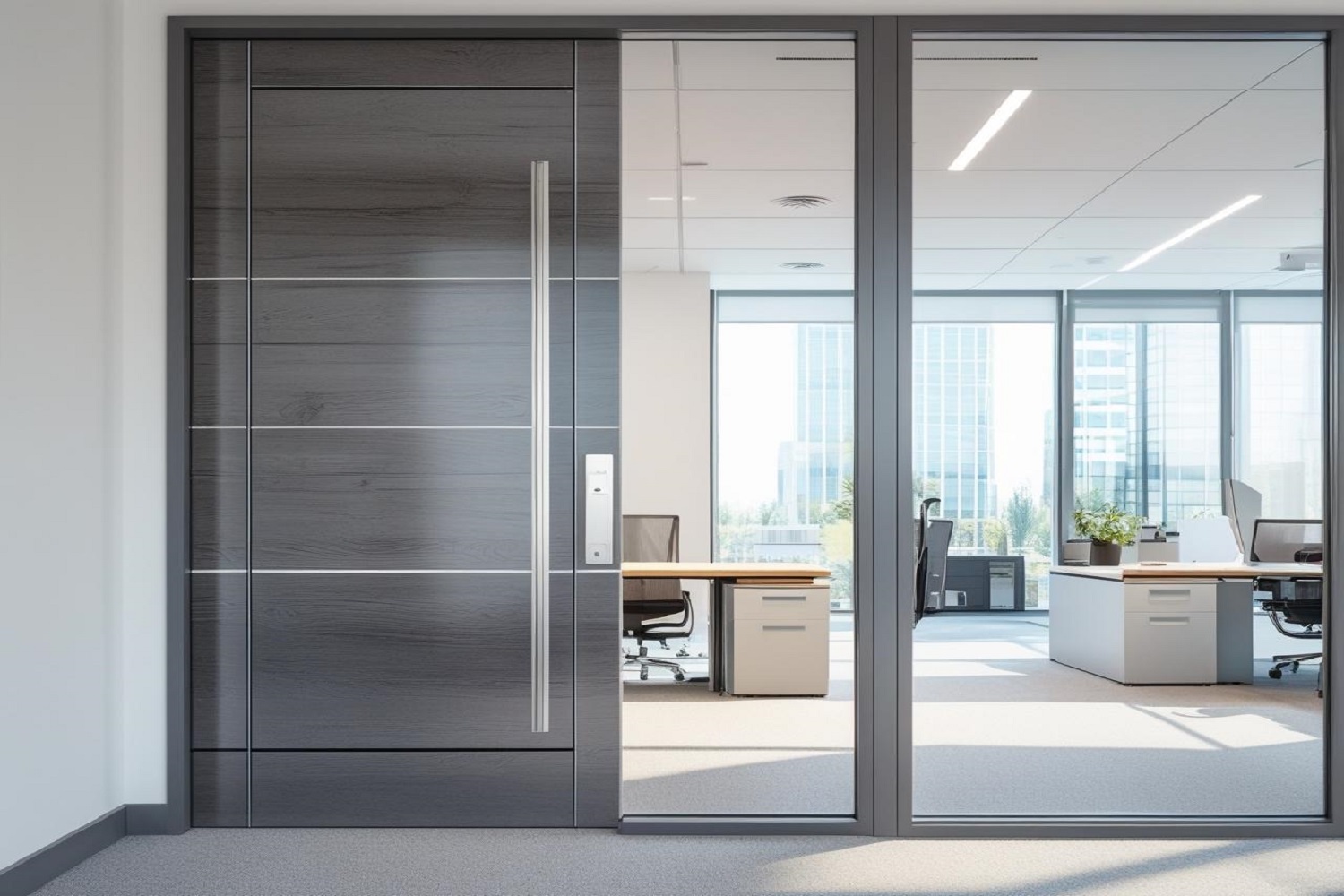 Stylish Office Front Door Designs with Clear Glass and Laminate Door