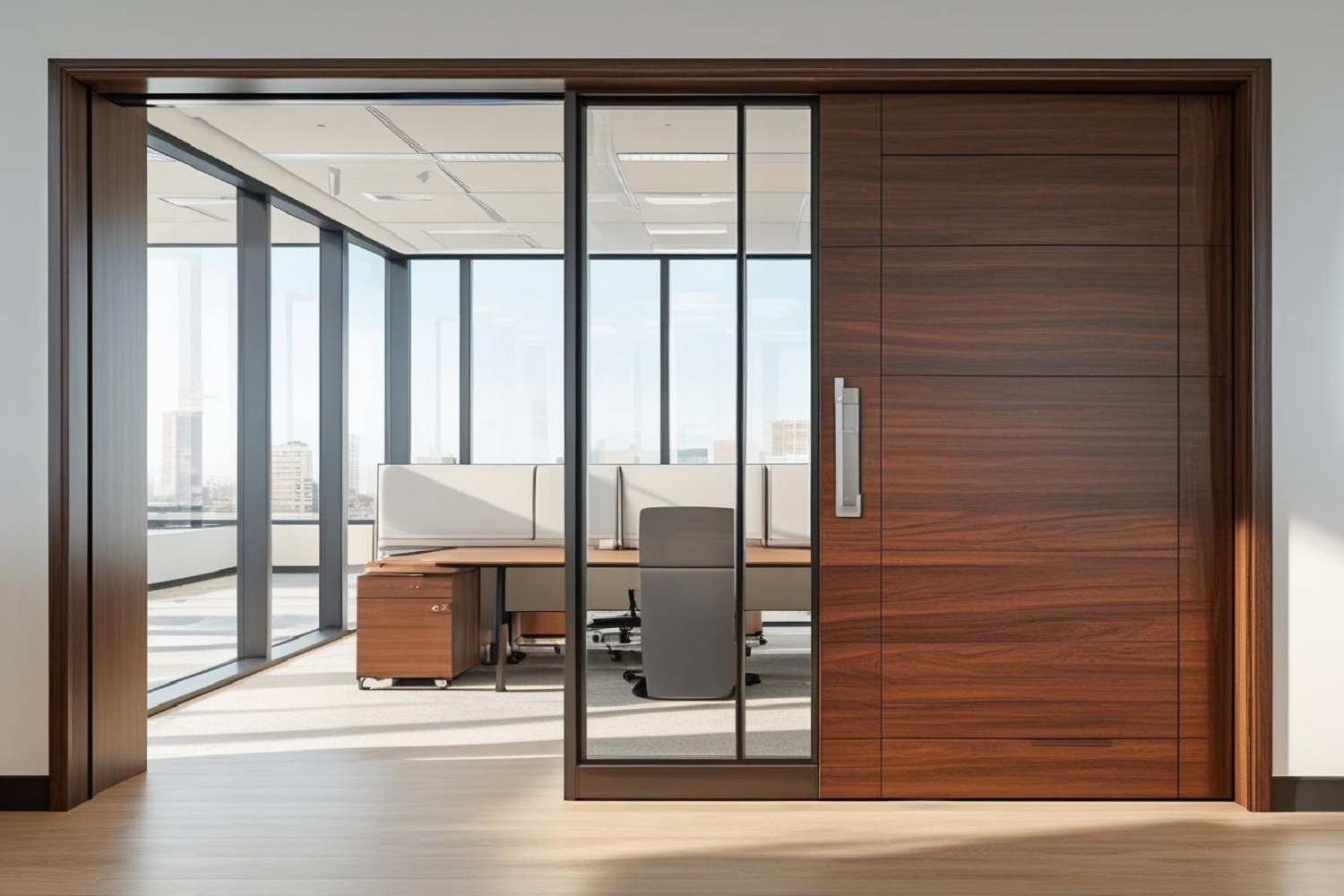 Office Wooden Door Designs in Deep Walnut and Minimalist Frames