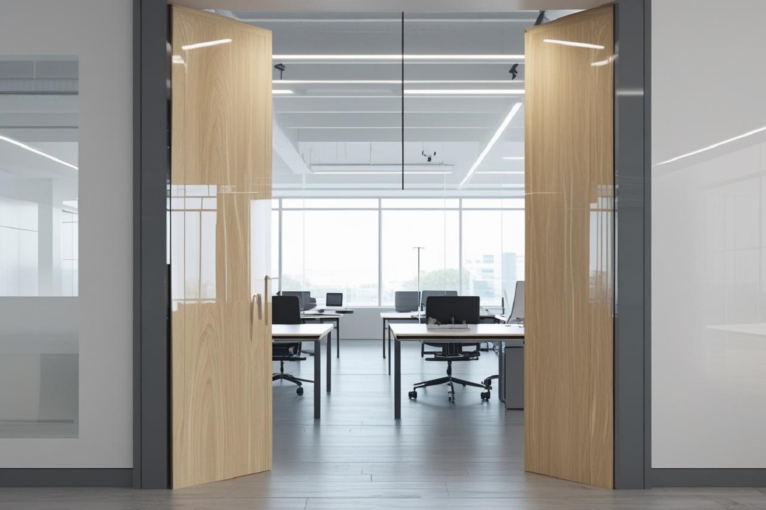 Elegant Office Entrance Doors in White Gloss and Chrome Finishes