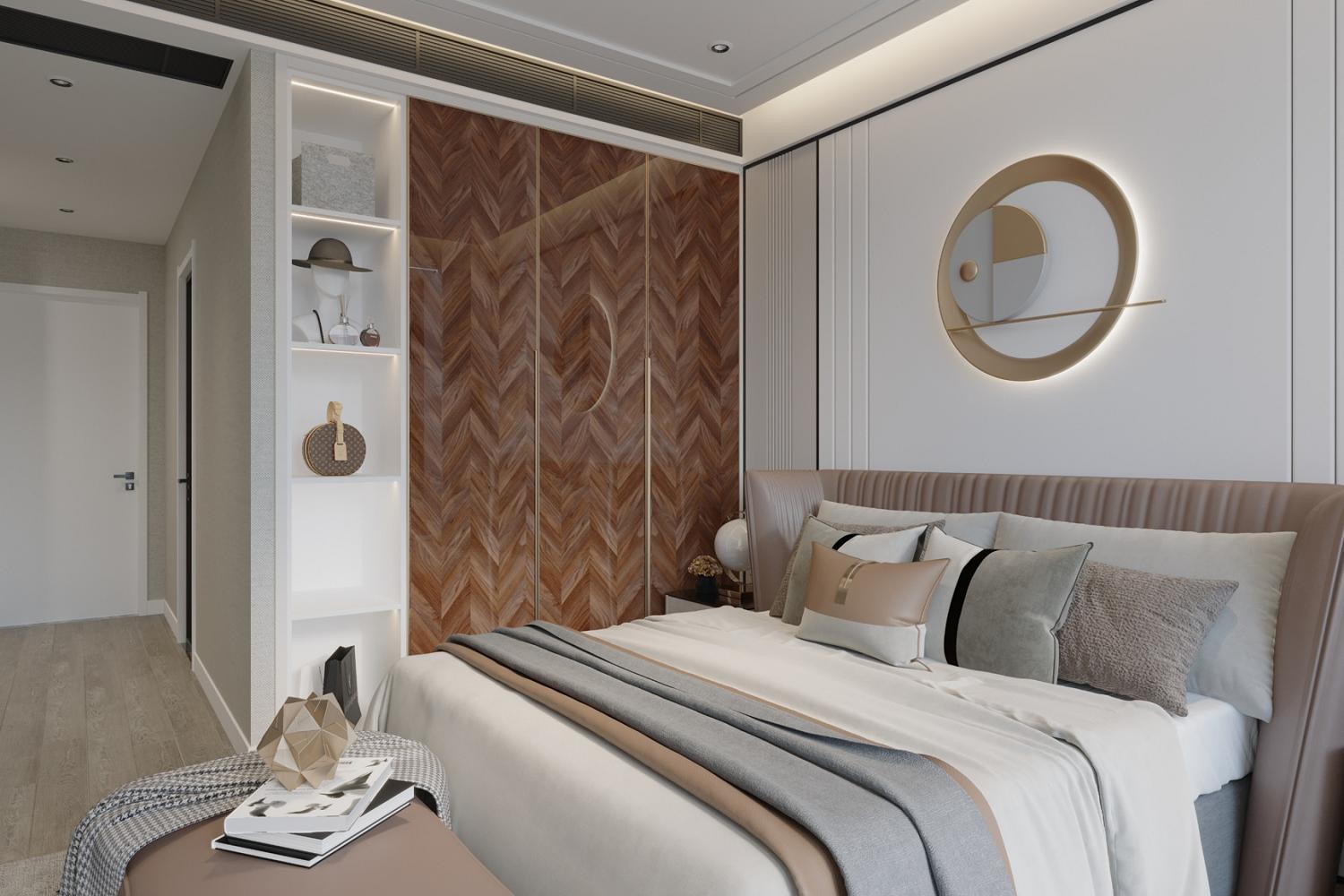 Stylish Cupboard Design for Small Bedrooms in Soft Grey and Walnut Finish