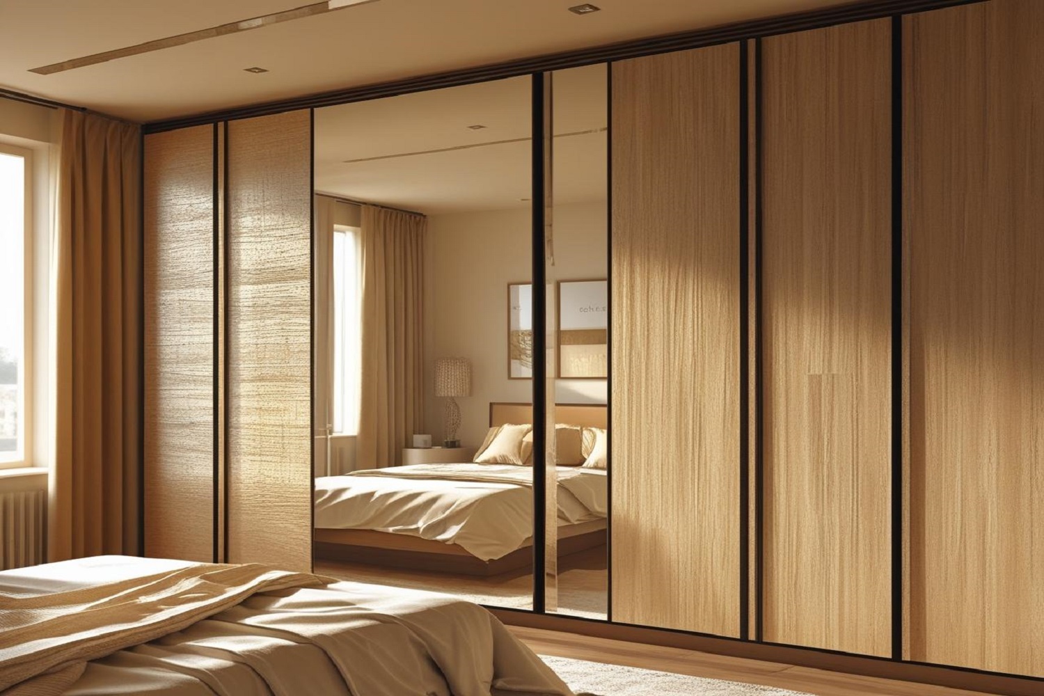 Contemporary Bedroom Cupboard Designs with Mirror and Walnut Tones