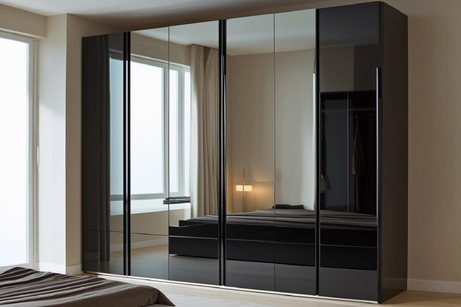 Elegant Bedroom Wardrobes with Built-In Mirror Panels and Glossy Finish