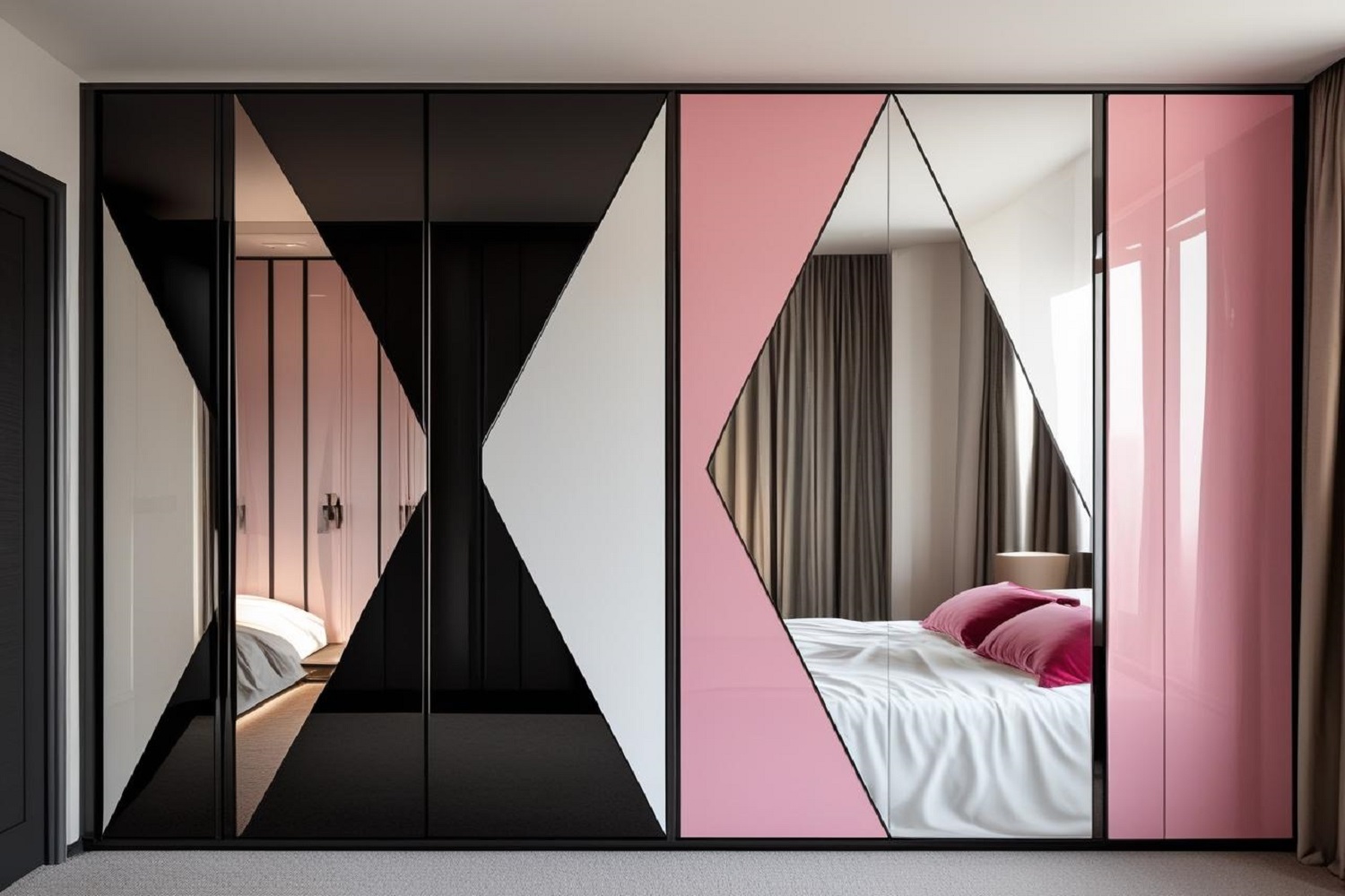 Modern Wardrobe Designs with Mirror and Matte Black Pink laminate.