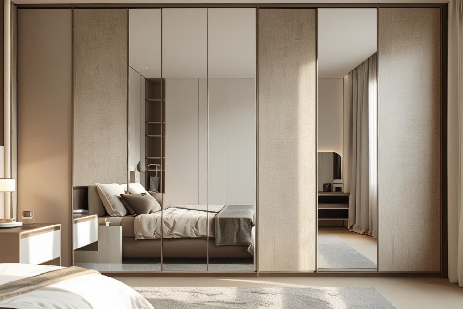 Master Bedroom Wardrobe Designs with Full Mirror Doors and Sleek Handles