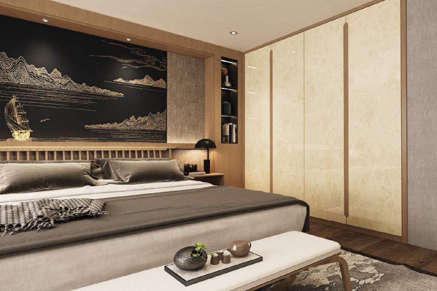 Three-Door Wardrobe Designs in Soft Beige and Natural Wood Tones