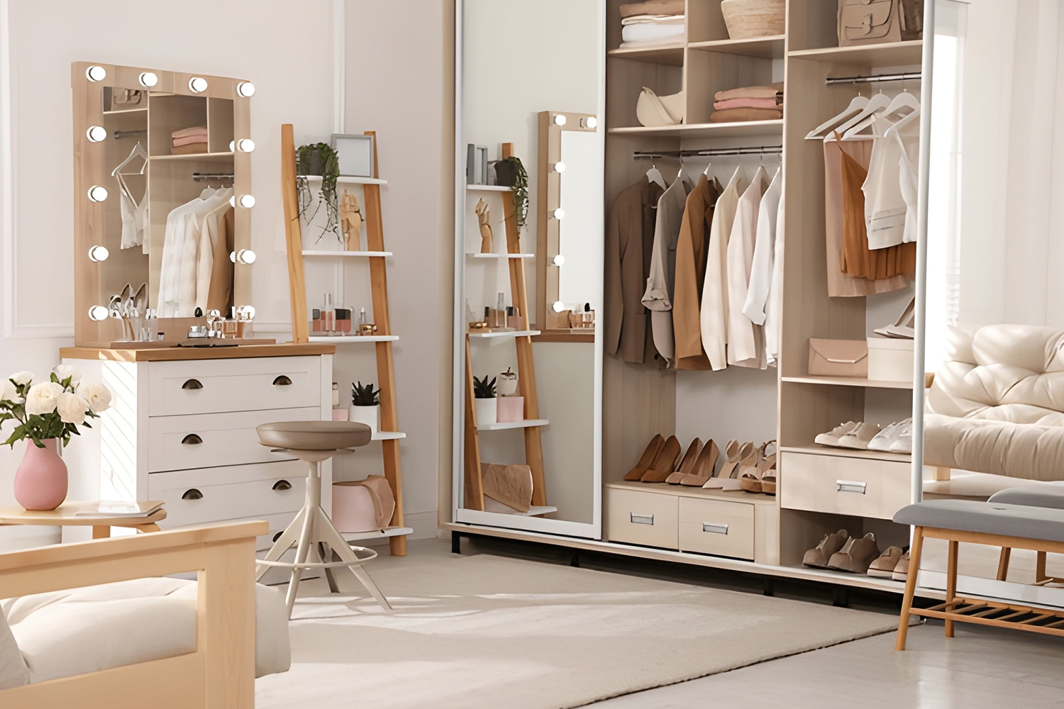Modern dressing table with wardrobe featuring white and natural oak laminate blend