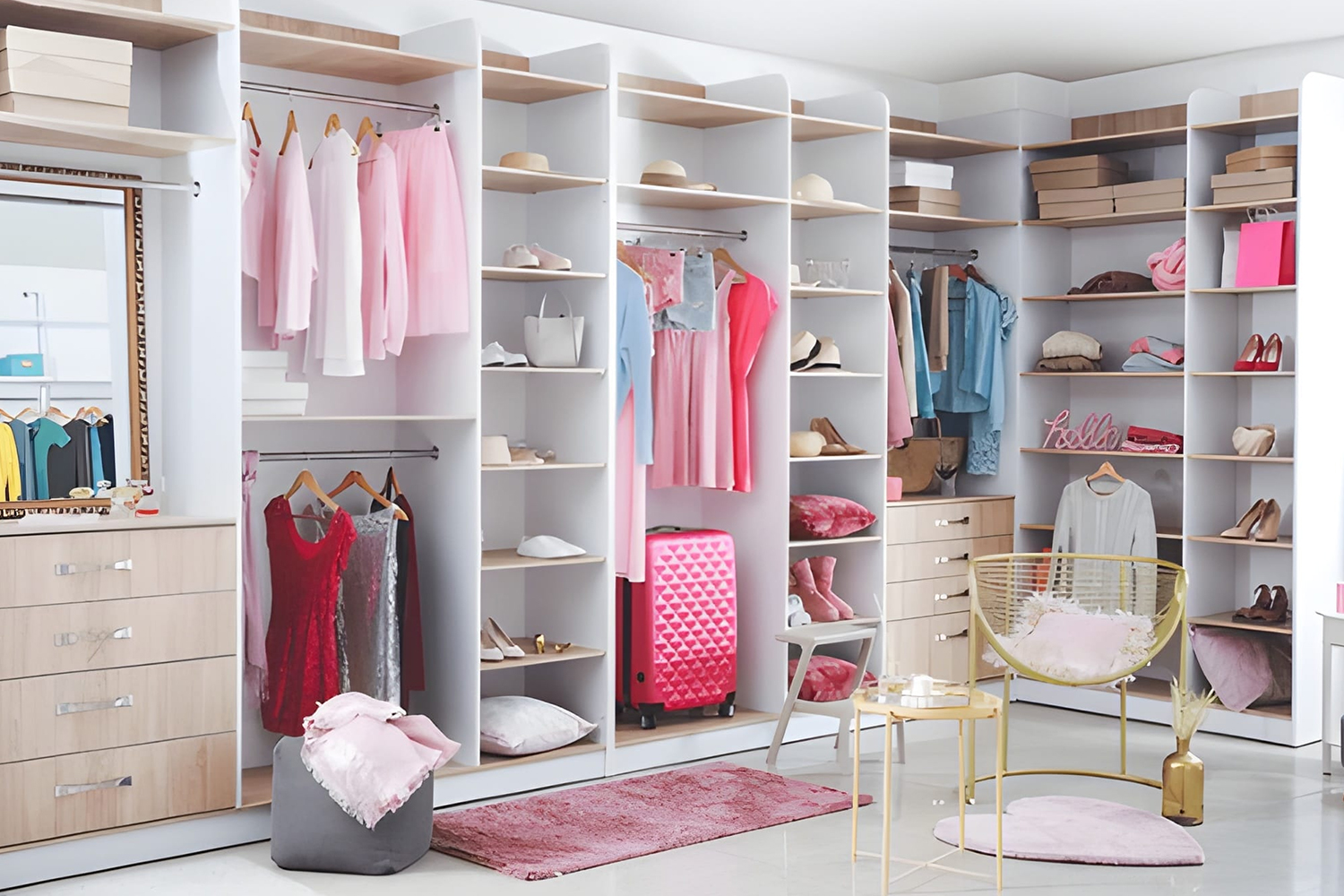 Wardrobe and dressing table design styled with wooden and white laminate surfaces