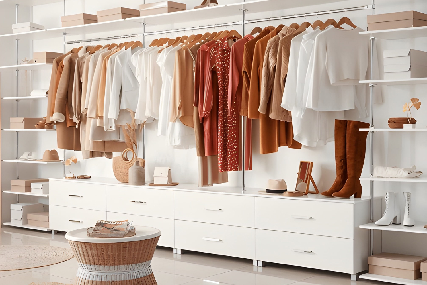 Wardrobe design with dressing table in glossy and matte laminate combinations for elegant spaces