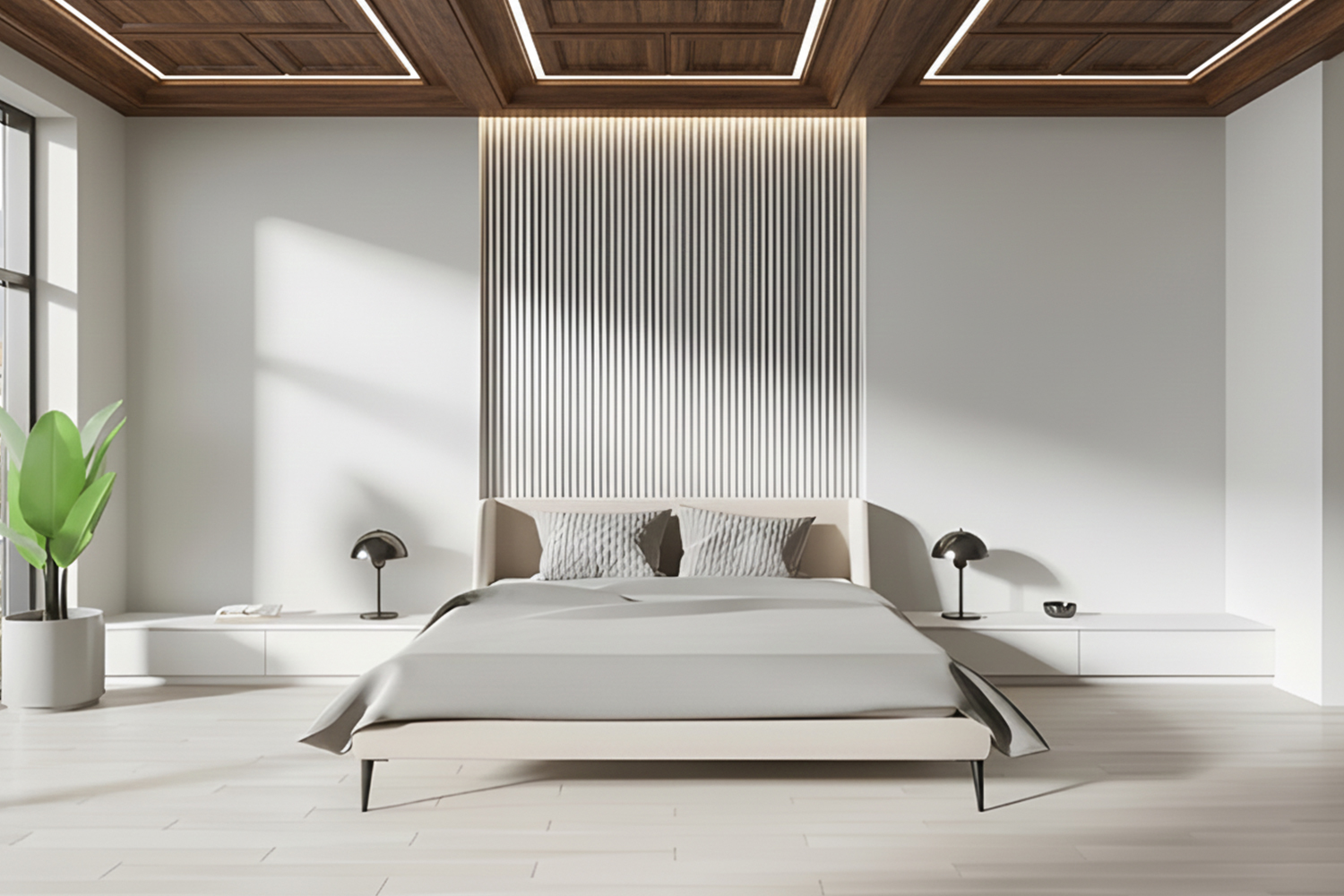 Stylish bedroom false ceiling design for small rooms using white and brown laminates