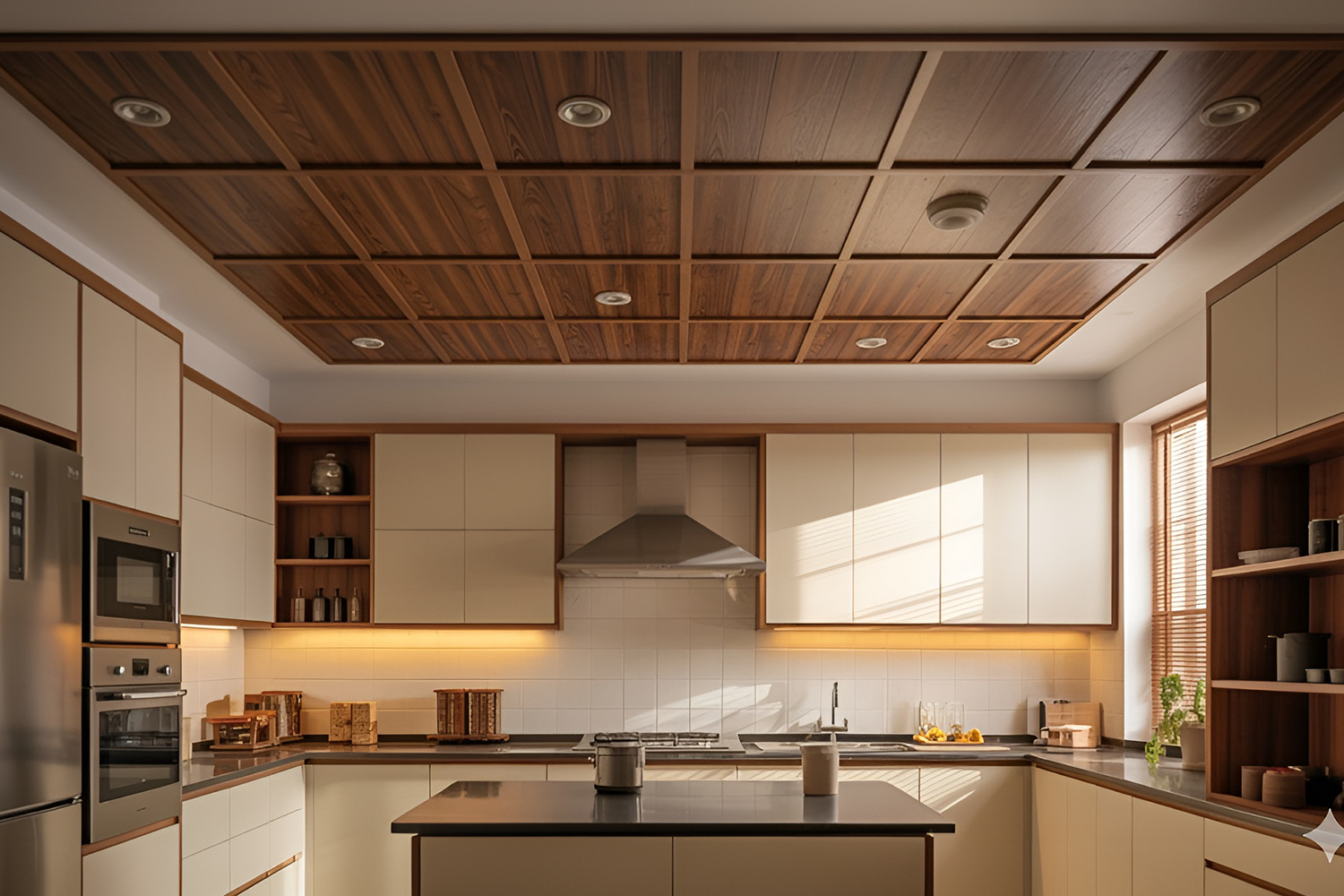 Latest Kitchen False Ceiling Design with Wooden Laminates and Sleek Lighting Patterns