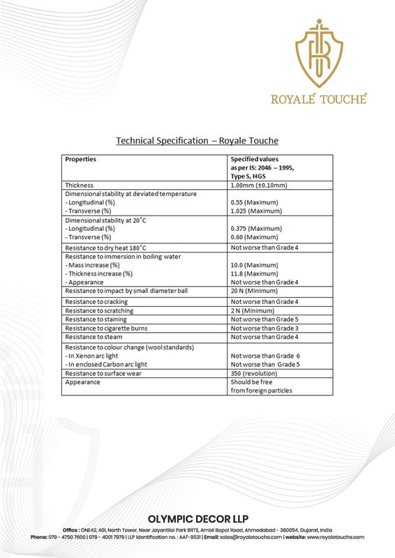 First page of Royale Touche Laminates — Technical Specification
