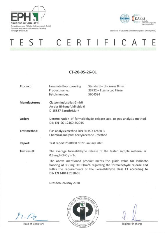First page of Classen — E1 Formaldehyde Test Certificate
