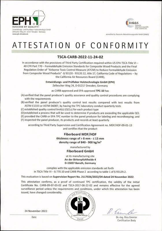 First page of HDF Core Board — CARB / TSCA Attestation of Conformity