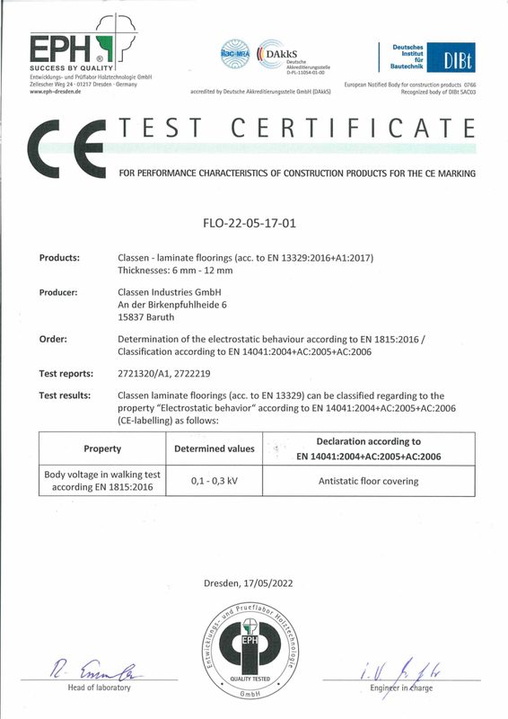 First page of Classen — CE Antistatic Test Certificate